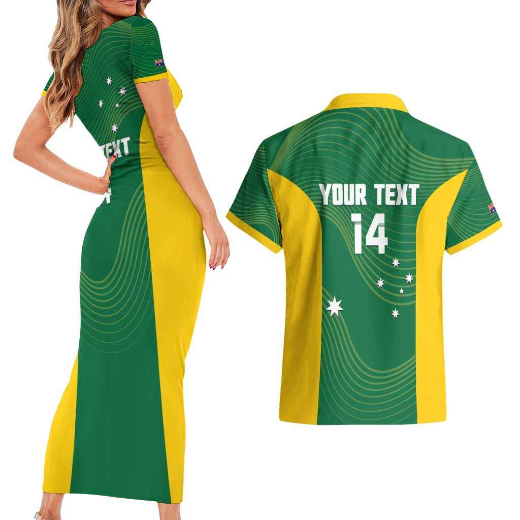 Custom Bowls Australia Couples Matching Short Sleeve Bodycon Dress and Hawaiian Shirt National Color Curve Sporty - Aussie Hoodie