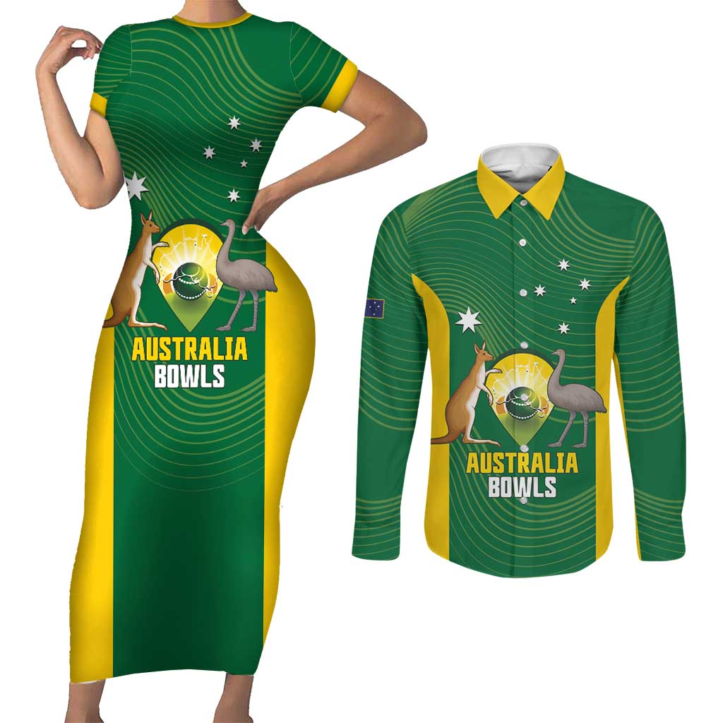 Custom Bowls Australia Couples Matching Short Sleeve Bodycon Dress and Long Sleeve Button Shirt National Color Curve Sporty - Aussie Hoodie