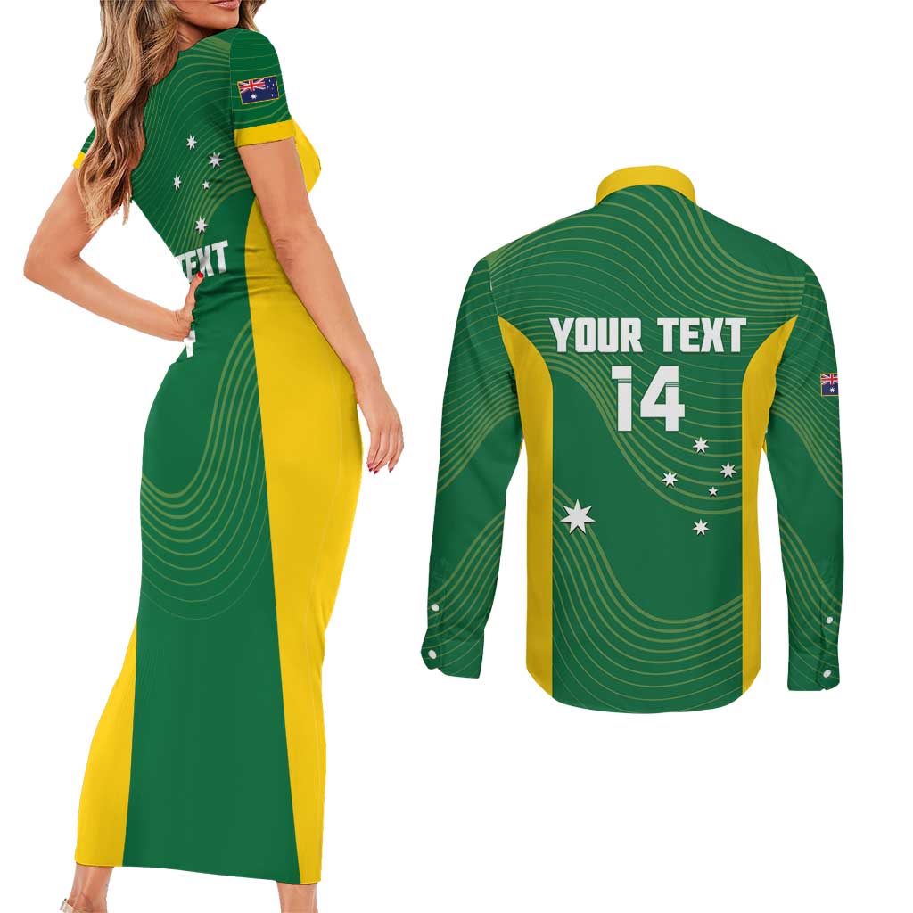 Custom Bowls Australia Couples Matching Short Sleeve Bodycon Dress and Long Sleeve Button Shirt National Color Curve Sporty - Aussie Hoodie