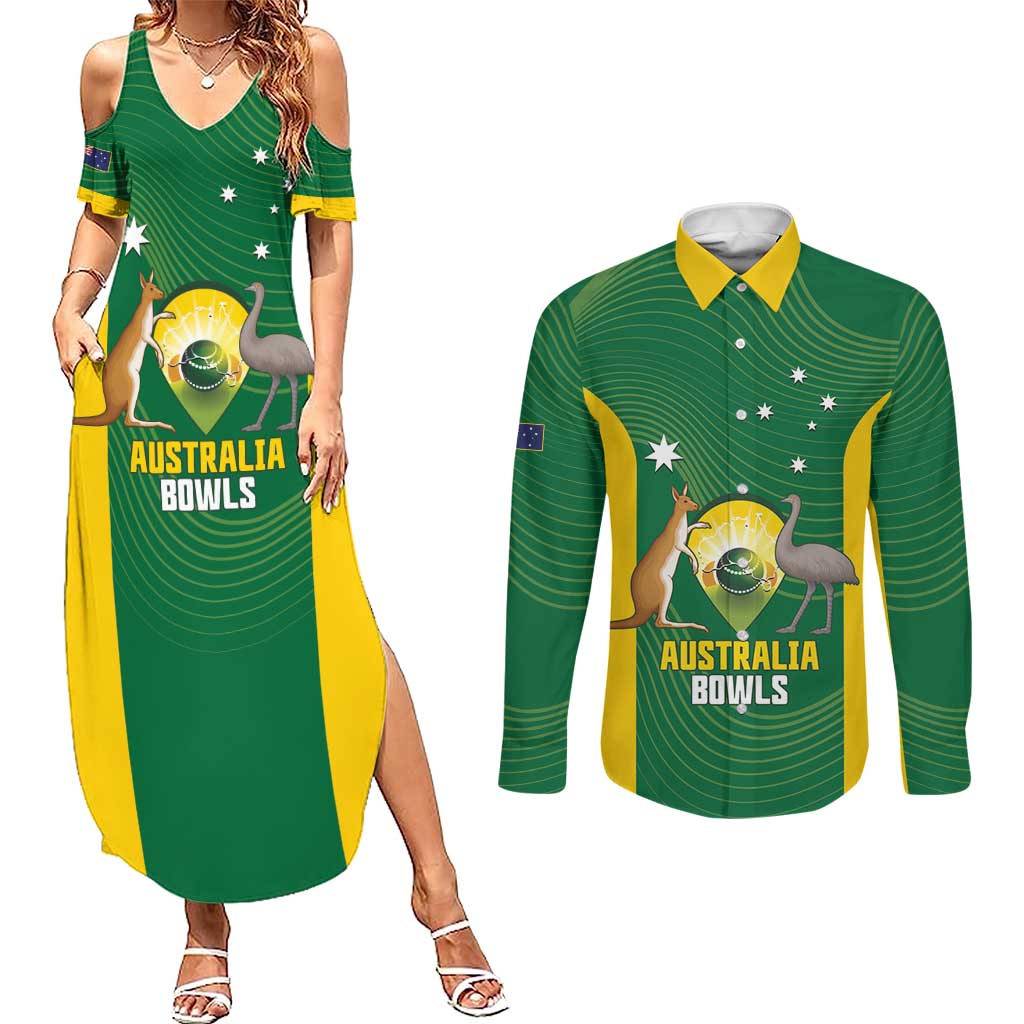Custom Bowls Australia Couples Matching Summer Maxi Dress and Long Sleeve Button Shirt National Color Curve Sporty - Aussie Hoodie