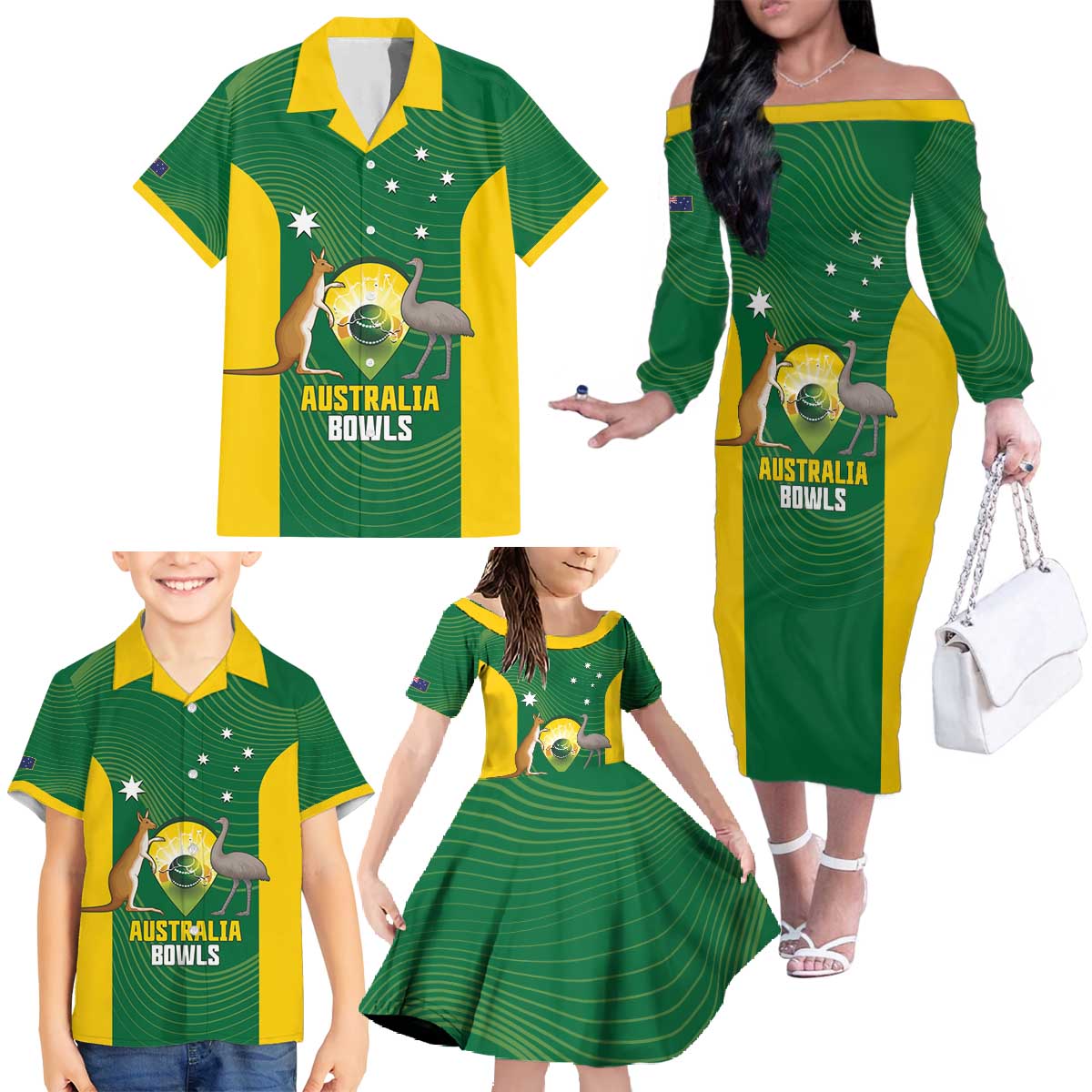 Custom Bowls Australia Family Matching Off The Shoulder Long Sleeve Dress and Hawaiian Shirt National Color Curve Sporty - Aussie Hoodie