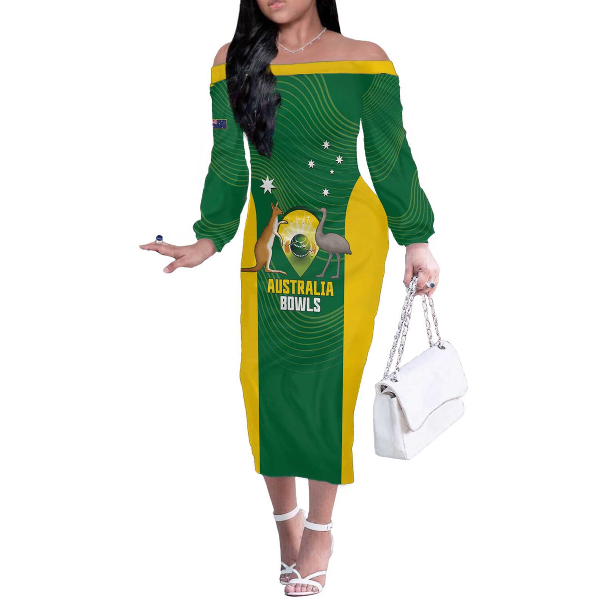 Custom Bowls Australia Off The Shoulder Long Sleeve Dress National Color Curve Sporty - Aussie Hoodie