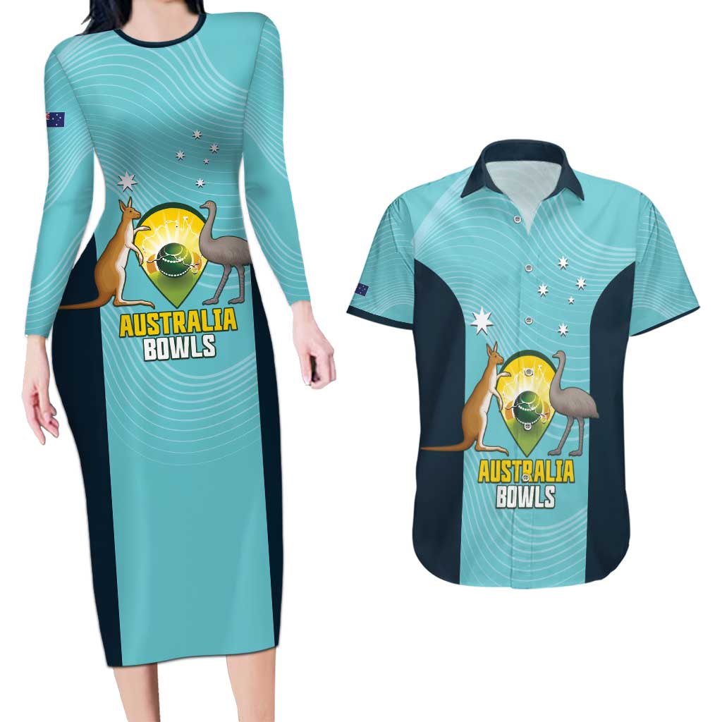 Custom Bowls Australia Couples Matching Long Sleeve Bodycon Dress and Hawaiian Shirt Teal Color Curve Sporty - Aussie Hoodie