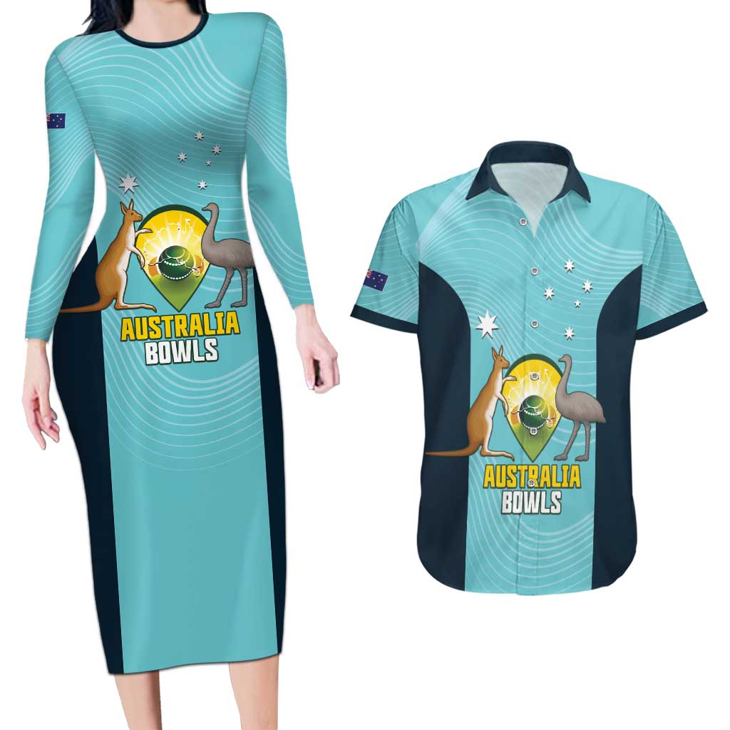 Custom Bowls Australia Couples Matching Long Sleeve Bodycon Dress and Hawaiian Shirt Teal Color Curve Sporty - Aussie Hoodie