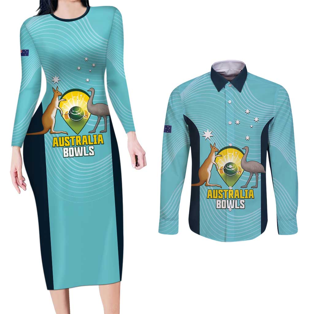 Custom Bowls Australia Couples Matching Long Sleeve Bodycon Dress and Long Sleeve Button Shirt Teal Color Curve Sporty - Aussie Hoodie