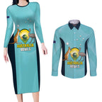 Custom Bowls Australia Couples Matching Long Sleeve Bodycon Dress and Long Sleeve Button Shirt Teal Color Curve Sporty - Aussie Hoodie