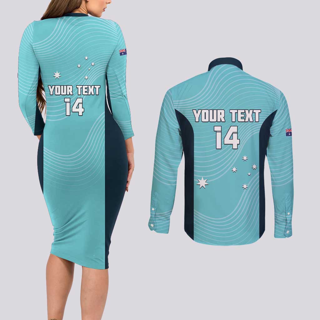 Custom Bowls Australia Couples Matching Long Sleeve Bodycon Dress and Long Sleeve Button Shirt Teal Color Curve Sporty - Aussie Hoodie