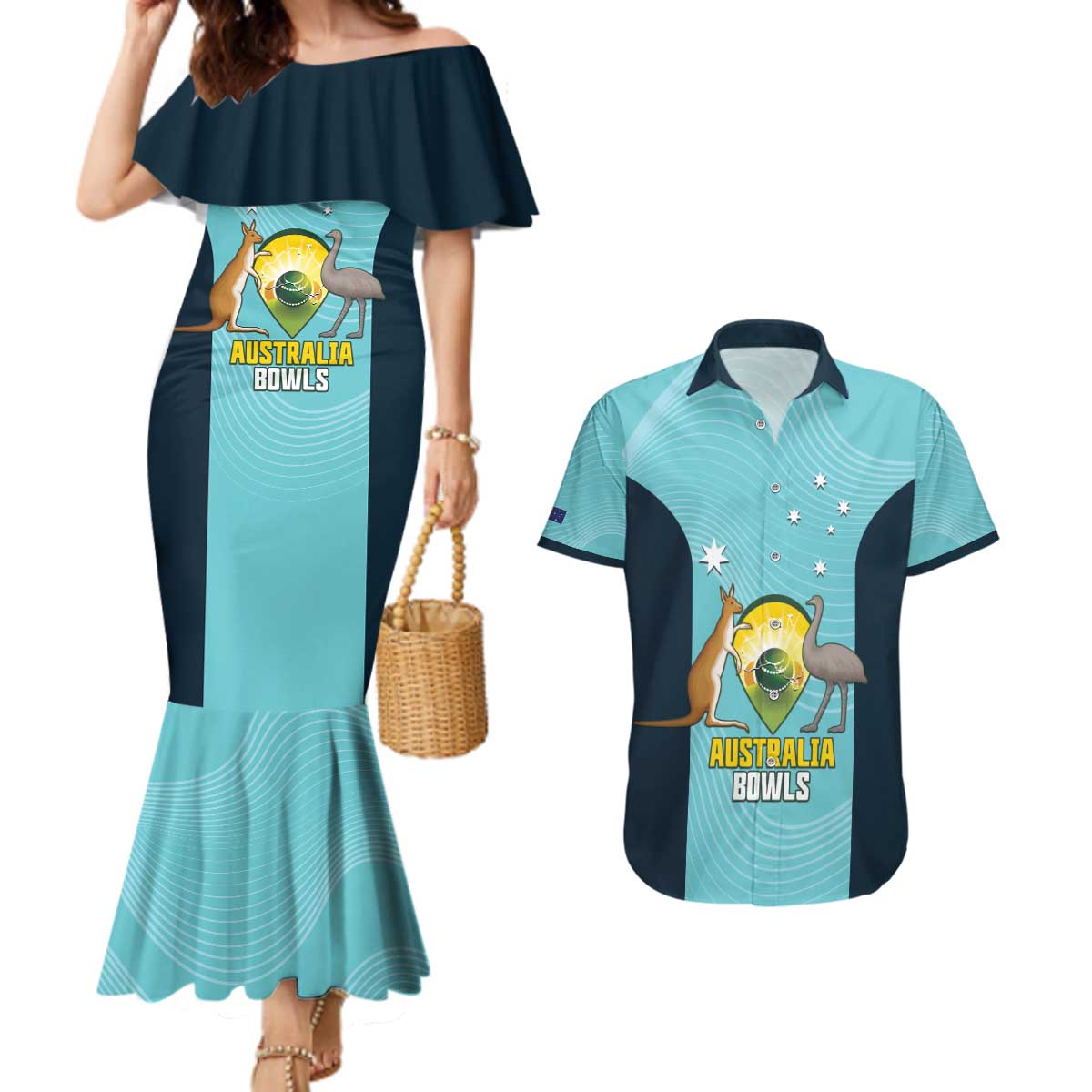 Custom Bowls Australia Couples Matching Mermaid Dress and Hawaiian Shirt Teal Color Curve Sporty - Aussie Hoodie