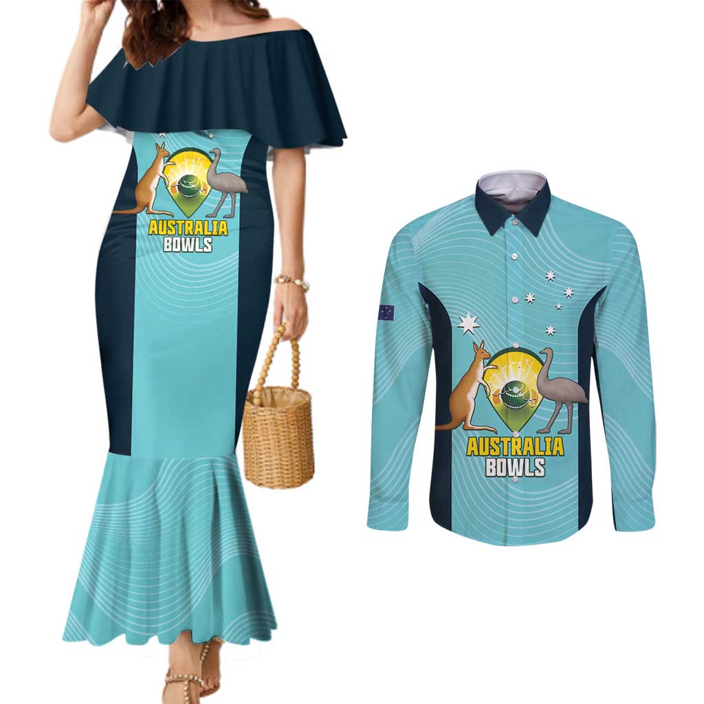 Custom Bowls Australia Couples Matching Mermaid Dress and Long Sleeve Button Shirt Teal Color Curve Sporty - Aussie Hoodie