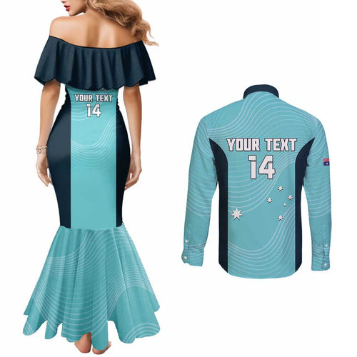 Custom Bowls Australia Couples Matching Mermaid Dress and Long Sleeve Button Shirt Teal Color Curve Sporty - Aussie Hoodie