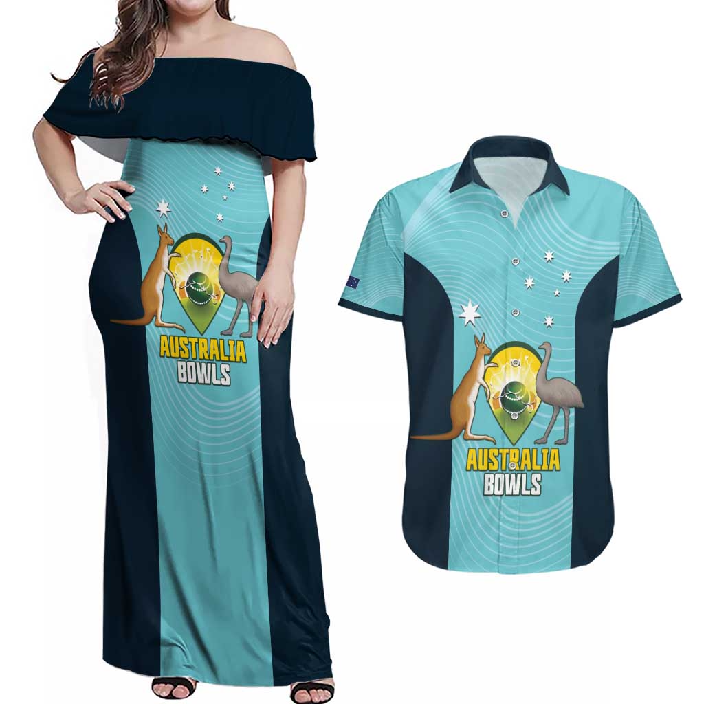 Custom Bowls Australia Couples Matching Off Shoulder Maxi Dress and Hawaiian Shirt Teal Color Curve Sporty - Aussie Hoodie