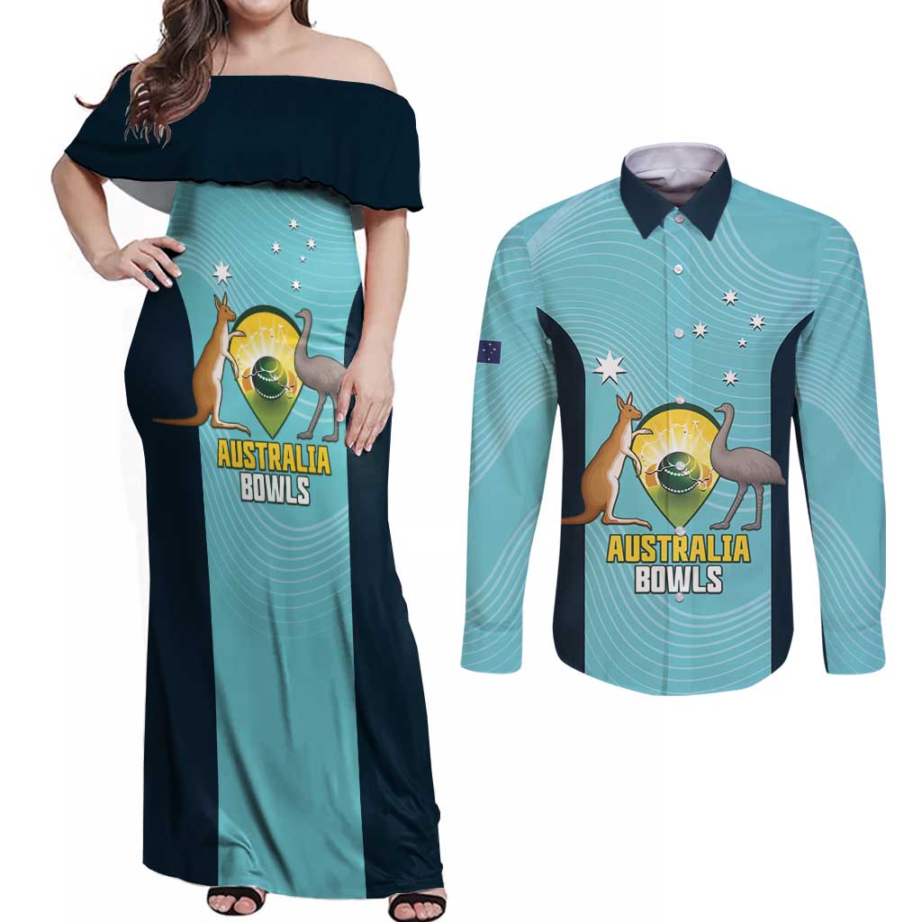 Custom Bowls Australia Couples Matching Off Shoulder Maxi Dress and Long Sleeve Button Shirt Teal Color Curve Sporty - Aussie Hoodie