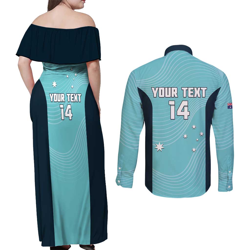 Custom Bowls Australia Couples Matching Off Shoulder Maxi Dress and Long Sleeve Button Shirt Teal Color Curve Sporty - Aussie Hoodie