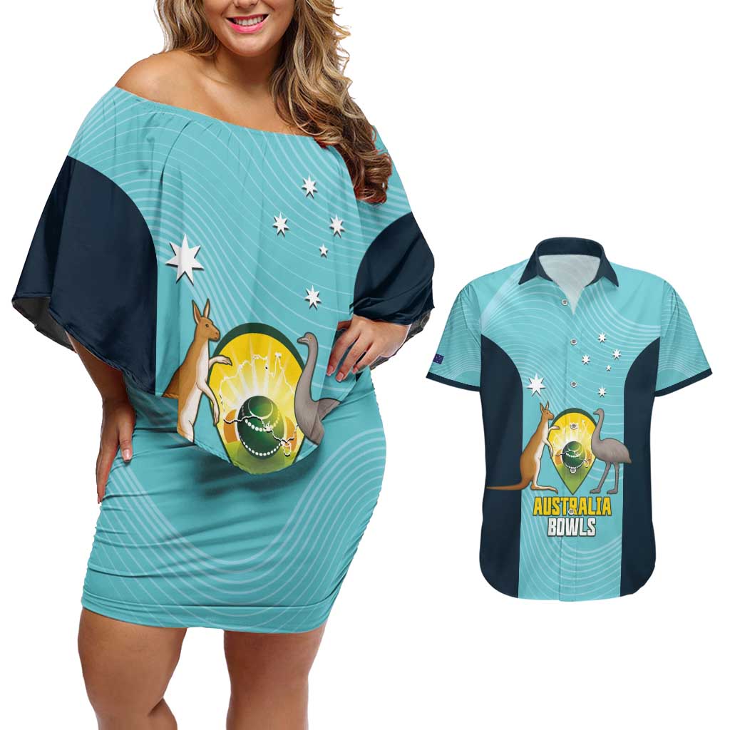 Custom Bowls Australia Couples Matching Off Shoulder Short Dress and Hawaiian Shirt Teal Color Curve Sporty - Aussie Hoodie