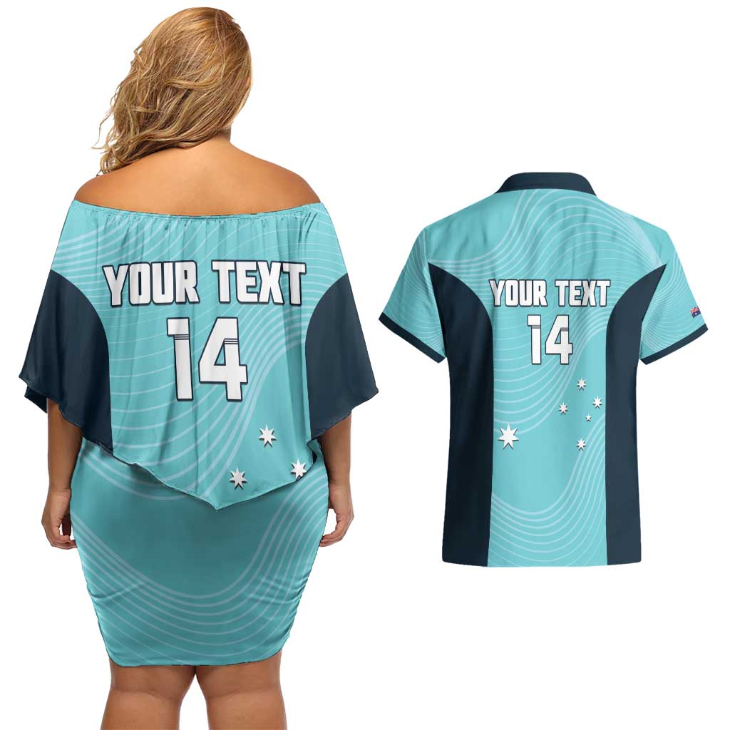 Custom Bowls Australia Couples Matching Off Shoulder Short Dress and Hawaiian Shirt Teal Color Curve Sporty - Aussie Hoodie