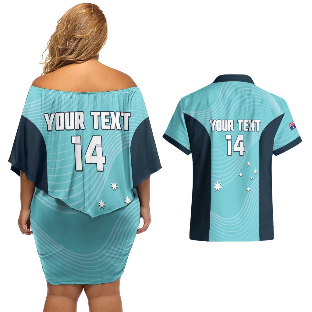Custom Bowls Australia Couples Matching Off Shoulder Short Dress and Hawaiian Shirt Teal Color Curve Sporty - Aussie Hoodie