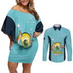 Custom Bowls Australia Couples Matching Off Shoulder Short Dress and Long Sleeve Button Shirt Teal Color Curve Sporty - Aussie Hoodie
