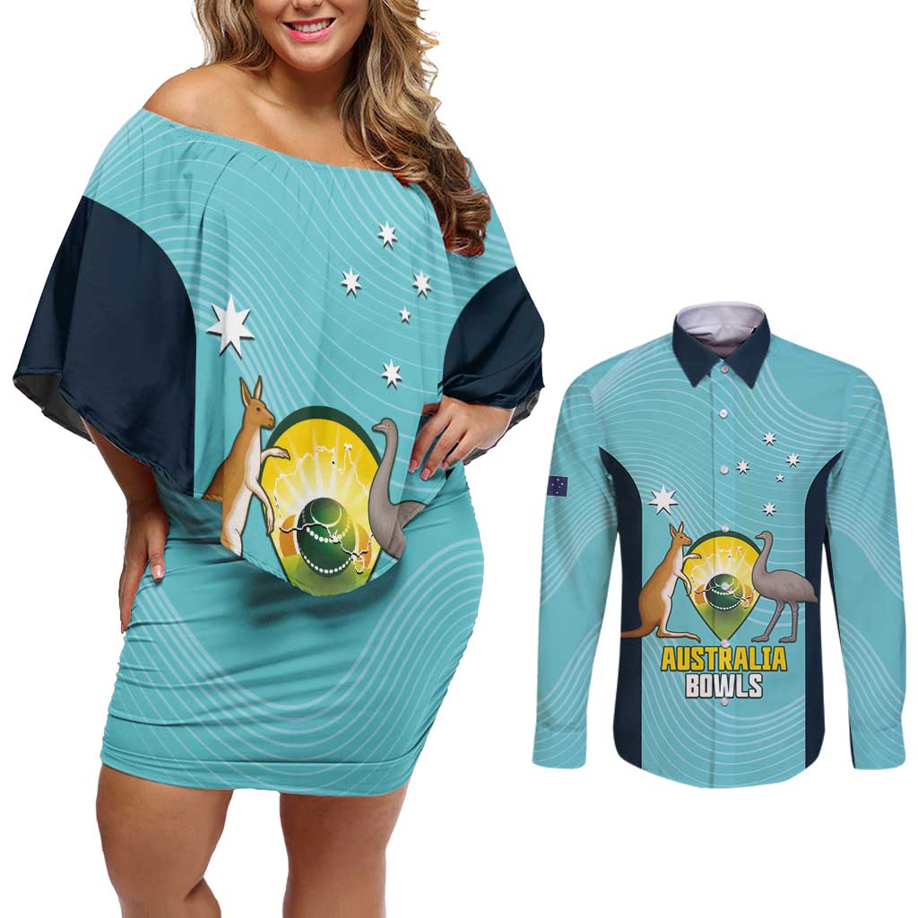 Custom Bowls Australia Couples Matching Off Shoulder Short Dress and Long Sleeve Button Shirt Teal Color Curve Sporty - Aussie Hoodie