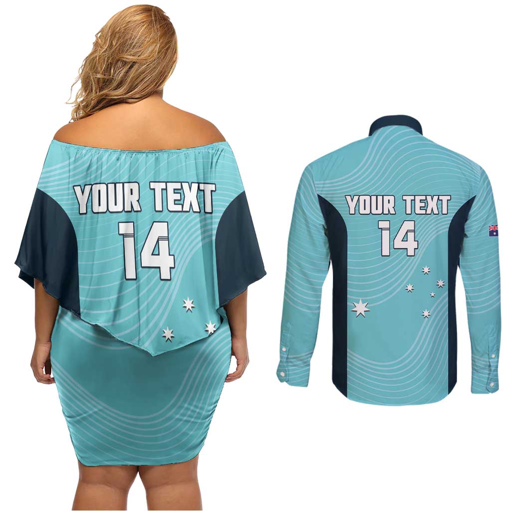 Custom Bowls Australia Couples Matching Off Shoulder Short Dress and Long Sleeve Button Shirt Teal Color Curve Sporty - Aussie Hoodie