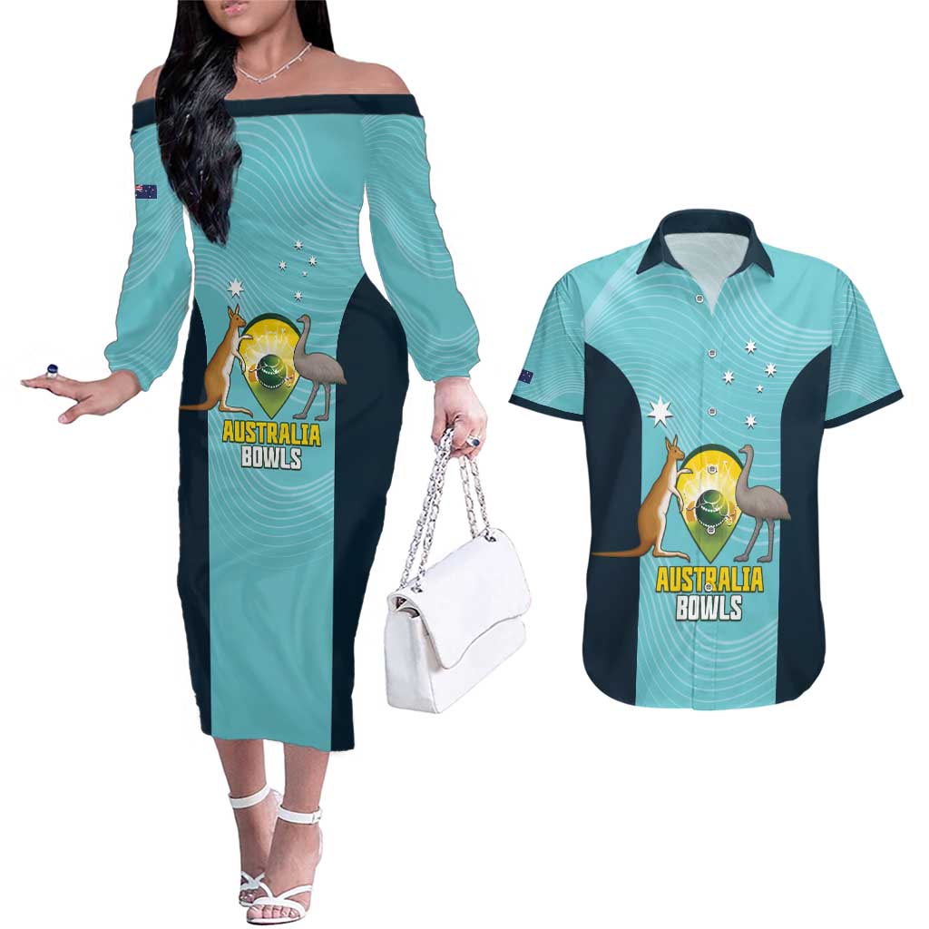 Custom Bowls Australia Couples Matching Off The Shoulder Long Sleeve Dress and Hawaiian Shirt Teal Color Curve Sporty - Aussie Hoodie