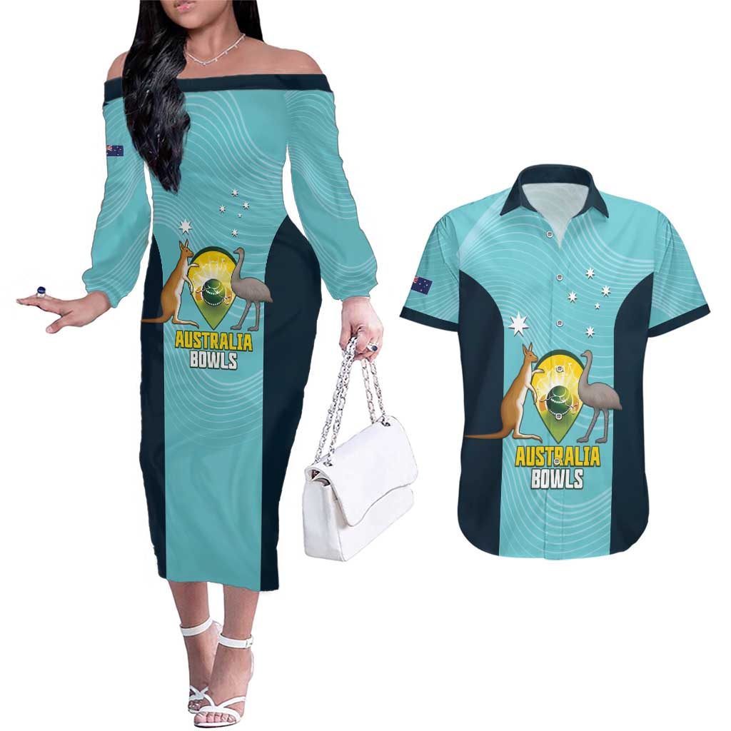 Custom Bowls Australia Couples Matching Off The Shoulder Long Sleeve Dress and Hawaiian Shirt Teal Color Curve Sporty - Aussie Hoodie