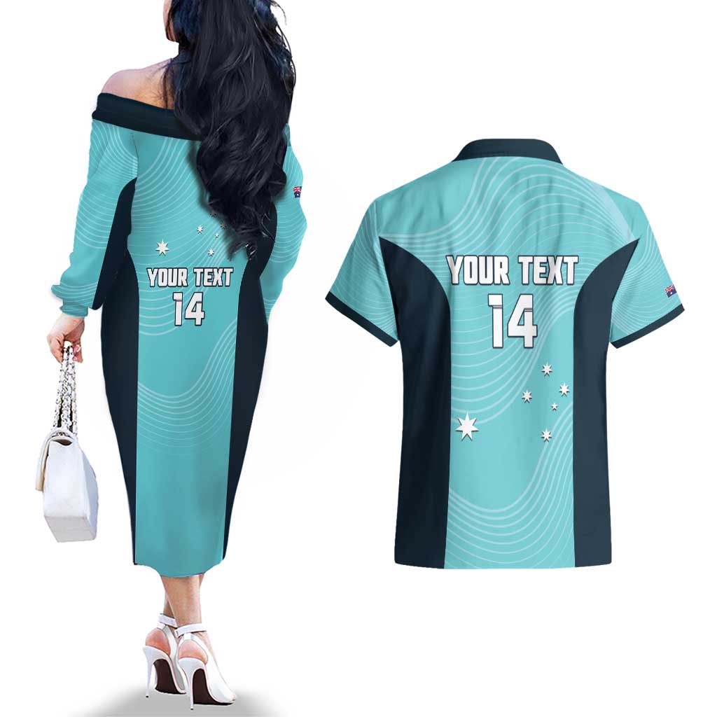 Custom Bowls Australia Couples Matching Off The Shoulder Long Sleeve Dress and Hawaiian Shirt Teal Color Curve Sporty - Aussie Hoodie