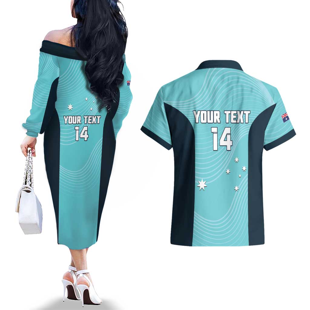 Custom Bowls Australia Couples Matching Off The Shoulder Long Sleeve Dress and Hawaiian Shirt Teal Color Curve Sporty - Aussie Hoodie