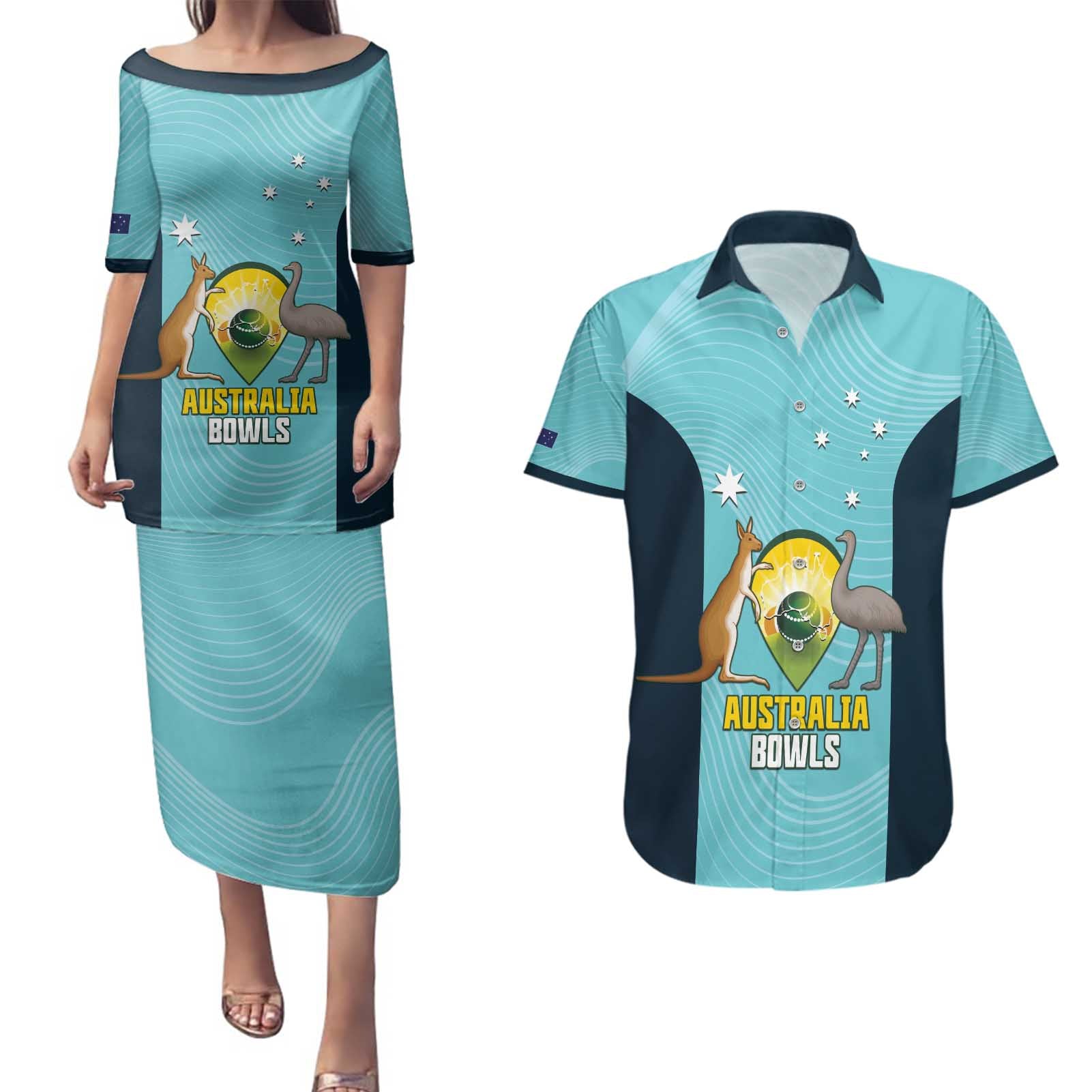 Custom Bowls Australia Couples Matching Puletasi and Hawaiian Shirt Teal Color Curve Sporty - Aussie Hoodie