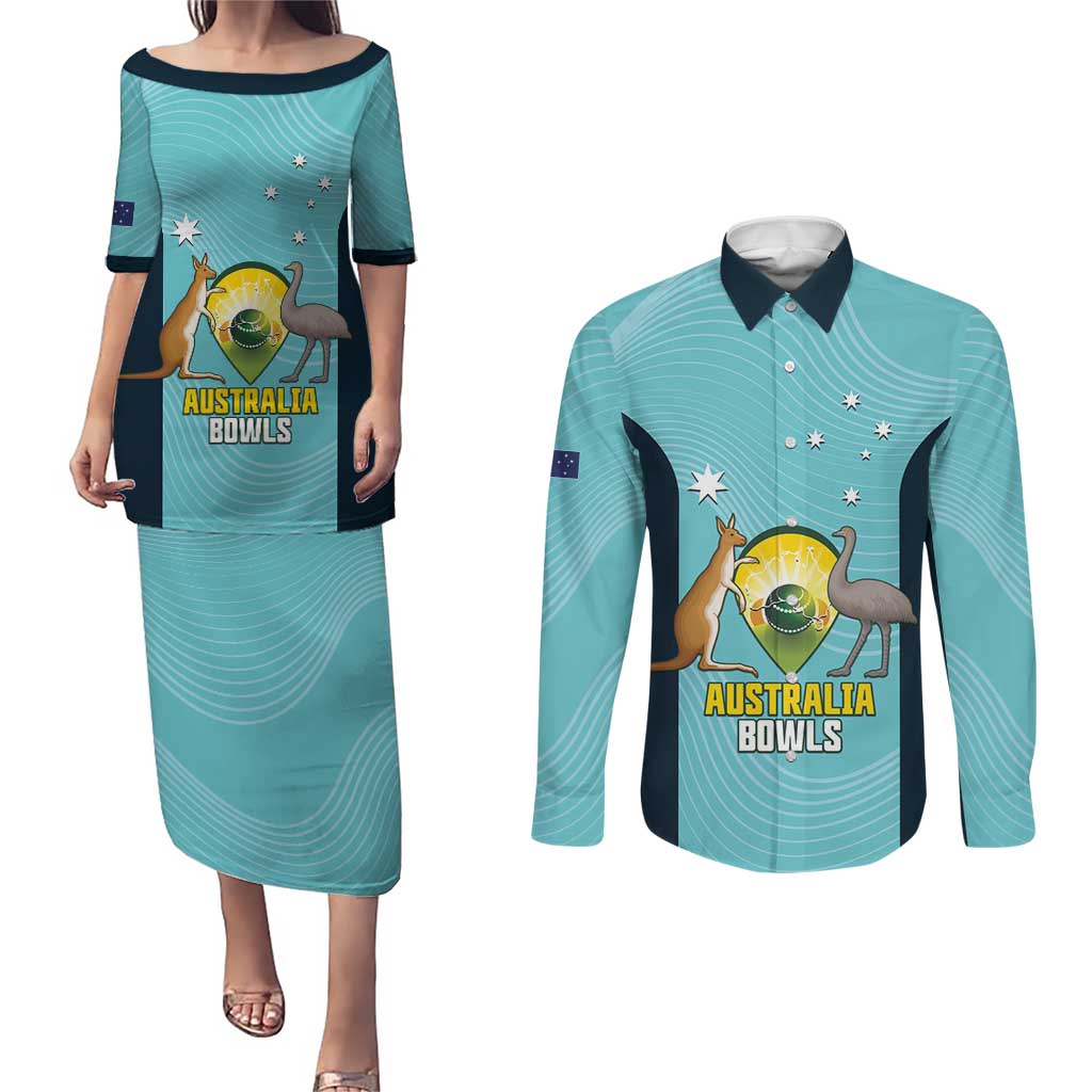 Custom Bowls Australia Couples Matching Puletasi and Long Sleeve Button Shirt Teal Color Curve Sporty - Aussie Hoodie