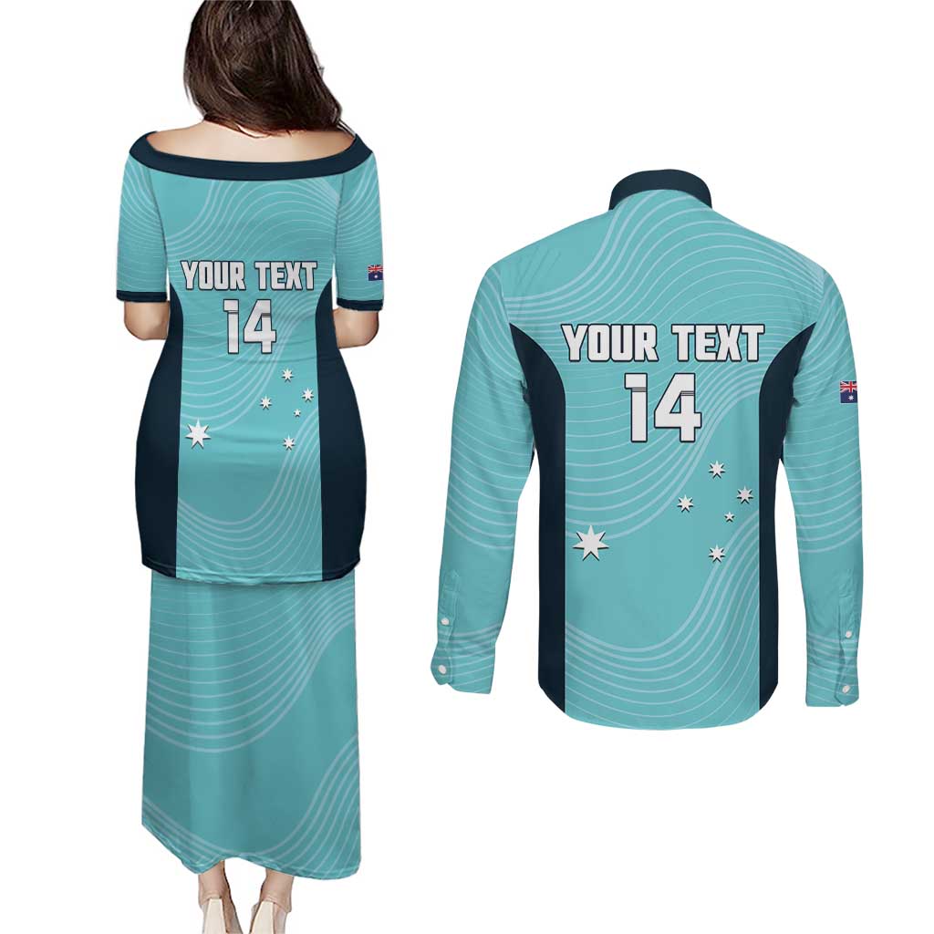 Custom Bowls Australia Couples Matching Puletasi and Long Sleeve Button Shirt Teal Color Curve Sporty - Aussie Hoodie