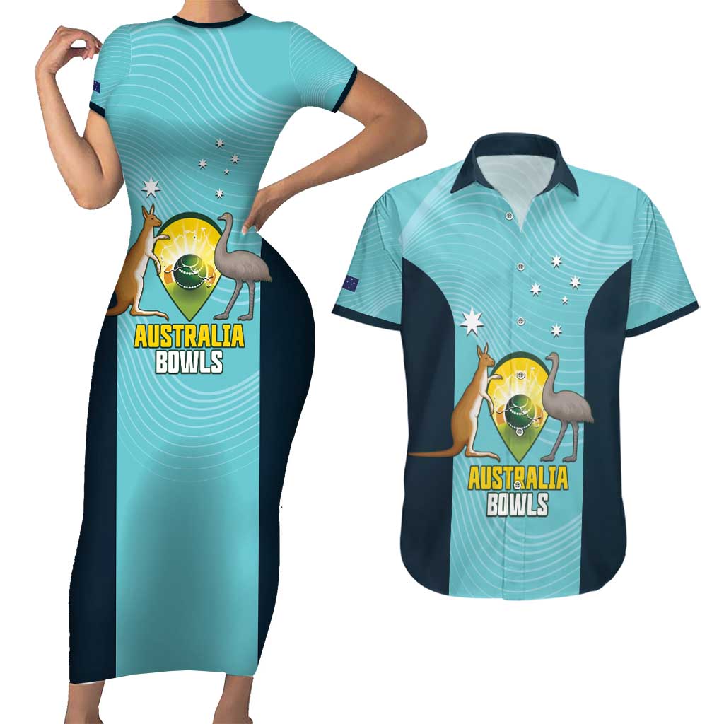 Custom Bowls Australia Couples Matching Short Sleeve Bodycon Dress and Hawaiian Shirt Teal Color Curve Sporty - Aussie Hoodie
