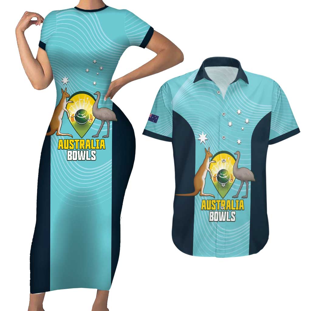 Custom Bowls Australia Couples Matching Short Sleeve Bodycon Dress and Hawaiian Shirt Teal Color Curve Sporty - Aussie Hoodie