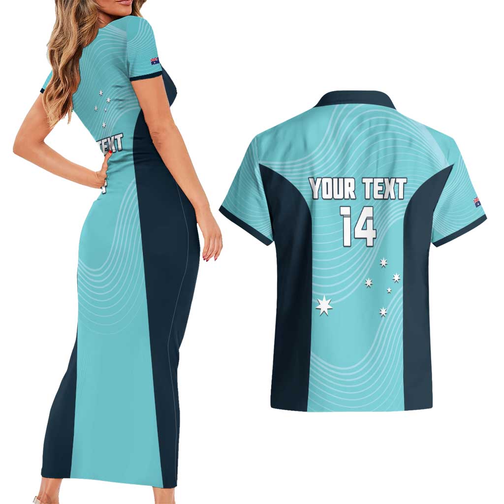 Custom Bowls Australia Couples Matching Short Sleeve Bodycon Dress and Hawaiian Shirt Teal Color Curve Sporty - Aussie Hoodie