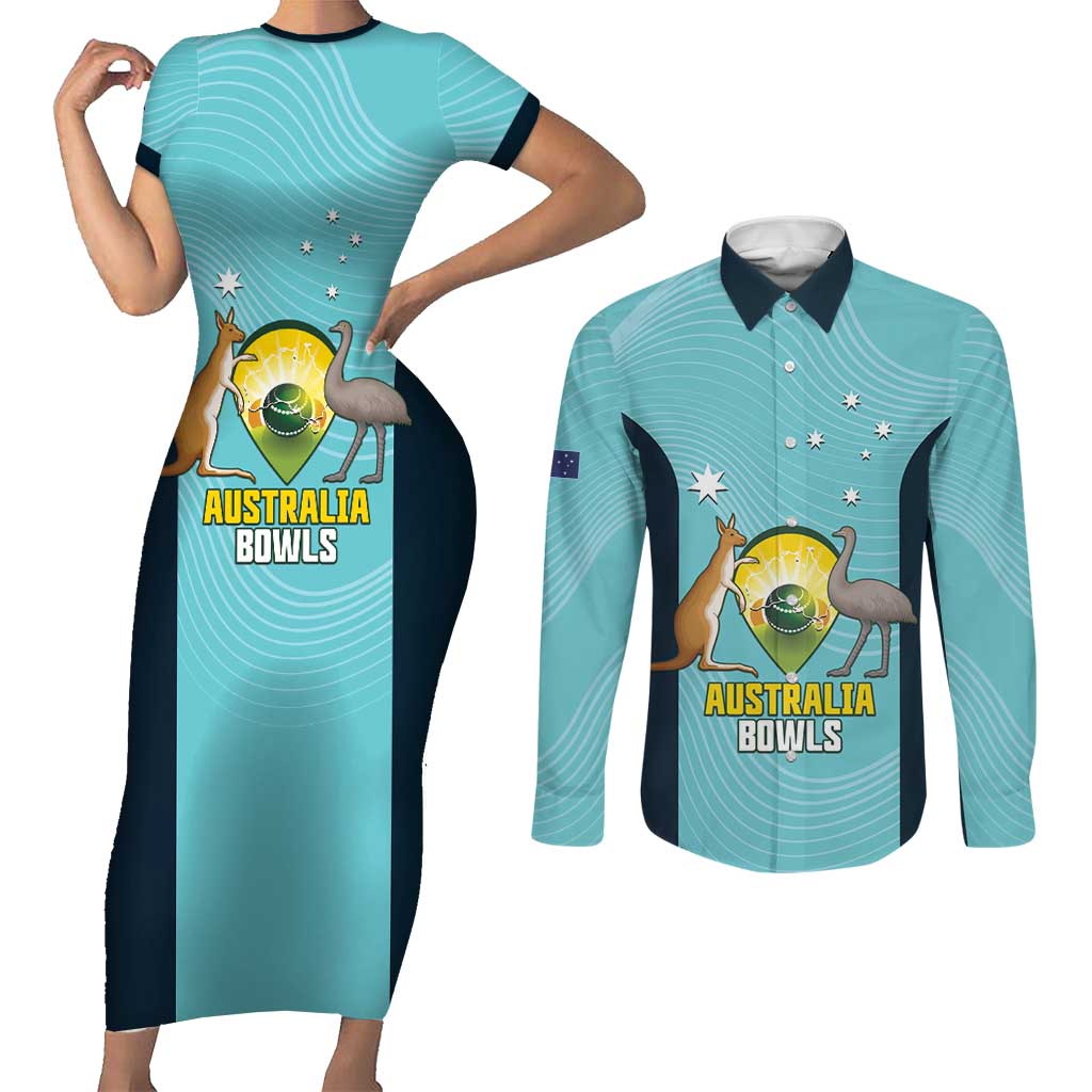 Custom Bowls Australia Couples Matching Short Sleeve Bodycon Dress and Long Sleeve Button Shirt Teal Color Curve Sporty - Aussie Hoodie