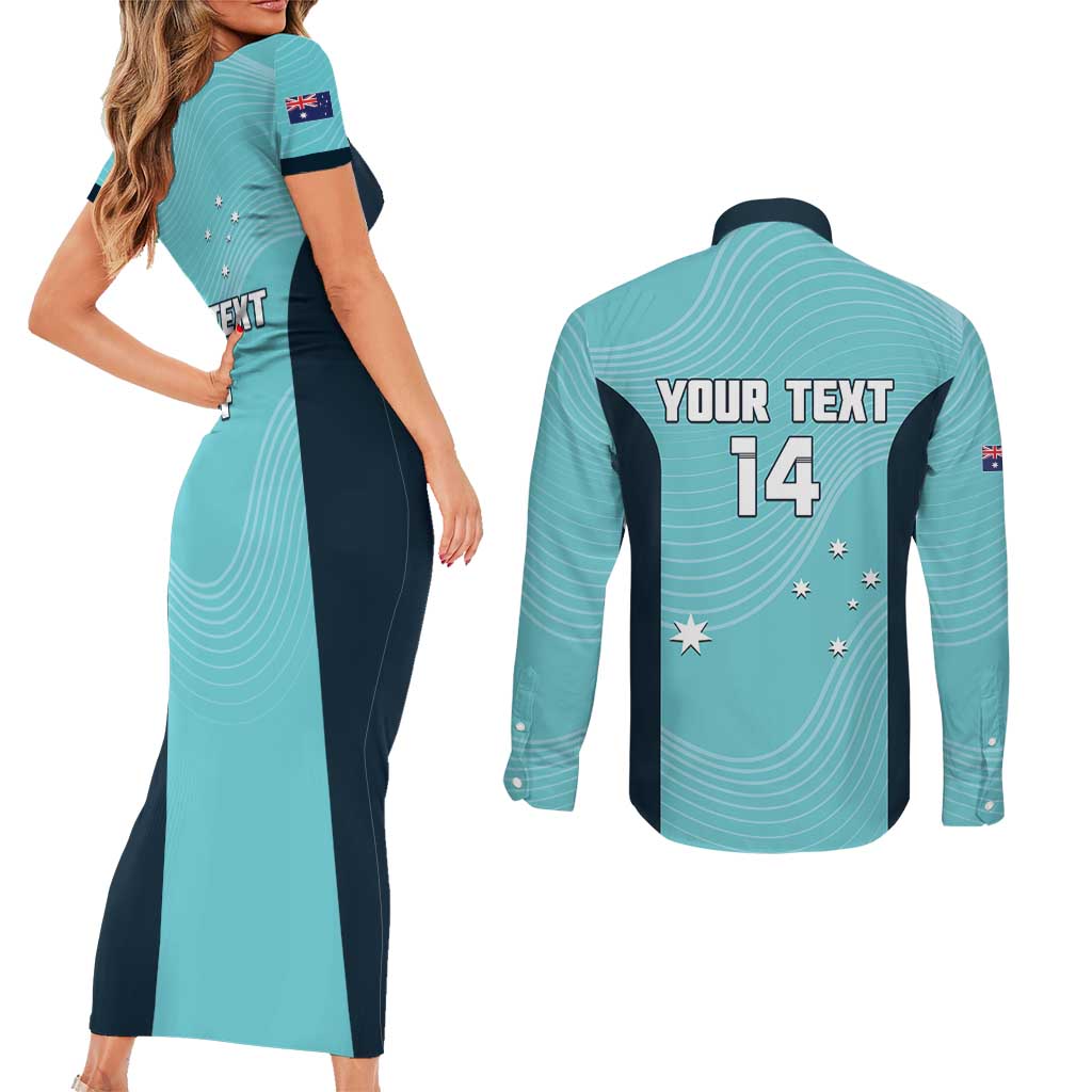 Custom Bowls Australia Couples Matching Short Sleeve Bodycon Dress and Long Sleeve Button Shirt Teal Color Curve Sporty - Aussie Hoodie