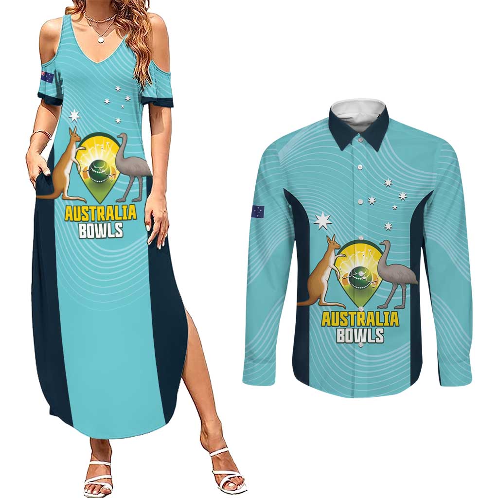 Custom Bowls Australia Couples Matching Summer Maxi Dress and Long Sleeve Button Shirt Teal Color Curve Sporty - Aussie Hoodie