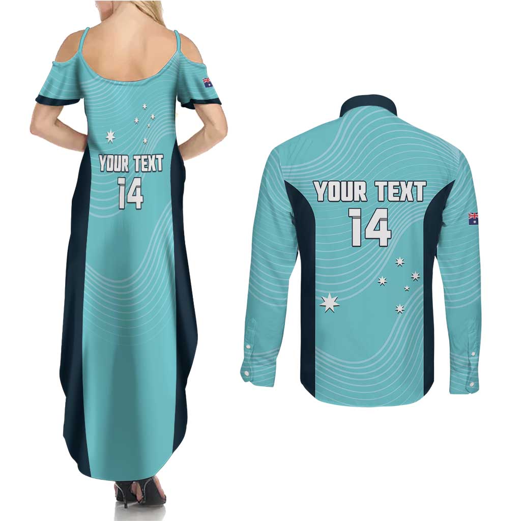Custom Bowls Australia Couples Matching Summer Maxi Dress and Long Sleeve Button Shirt Teal Color Curve Sporty - Aussie Hoodie