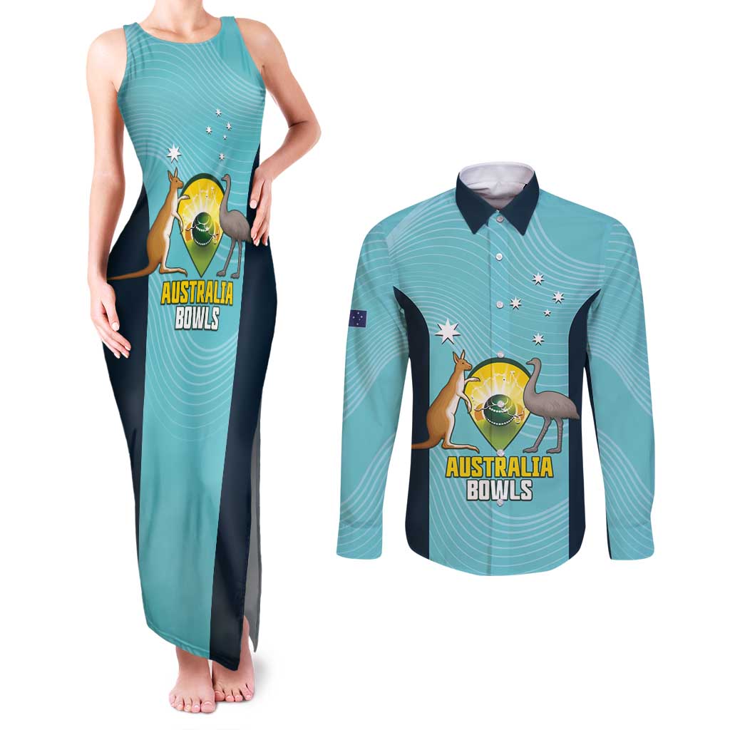 Custom Bowls Australia Couples Matching Tank Maxi Dress and Long Sleeve Button Shirt Teal Color Curve Sporty - Aussie Hoodie