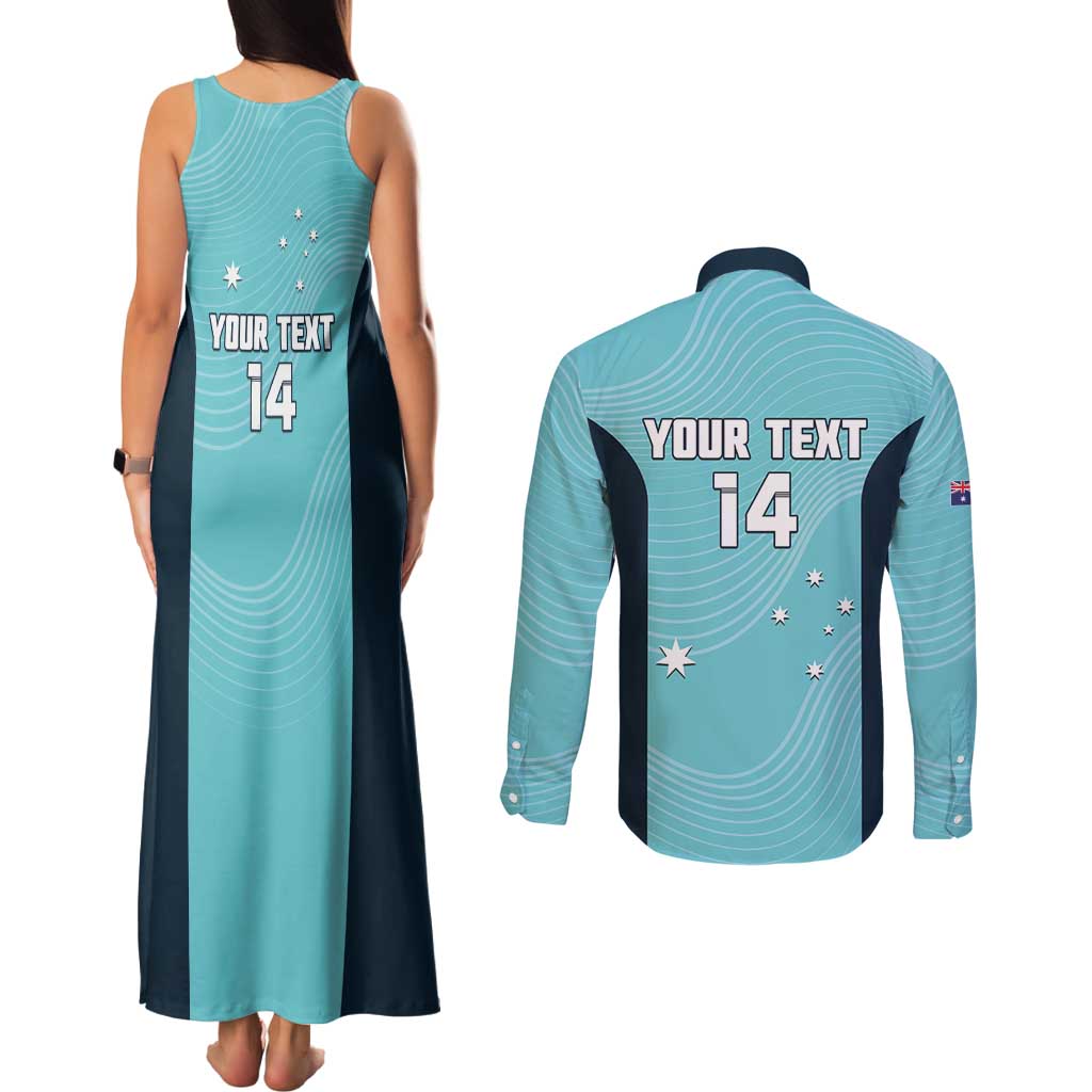 Custom Bowls Australia Couples Matching Tank Maxi Dress and Long Sleeve Button Shirt Teal Color Curve Sporty - Aussie Hoodie