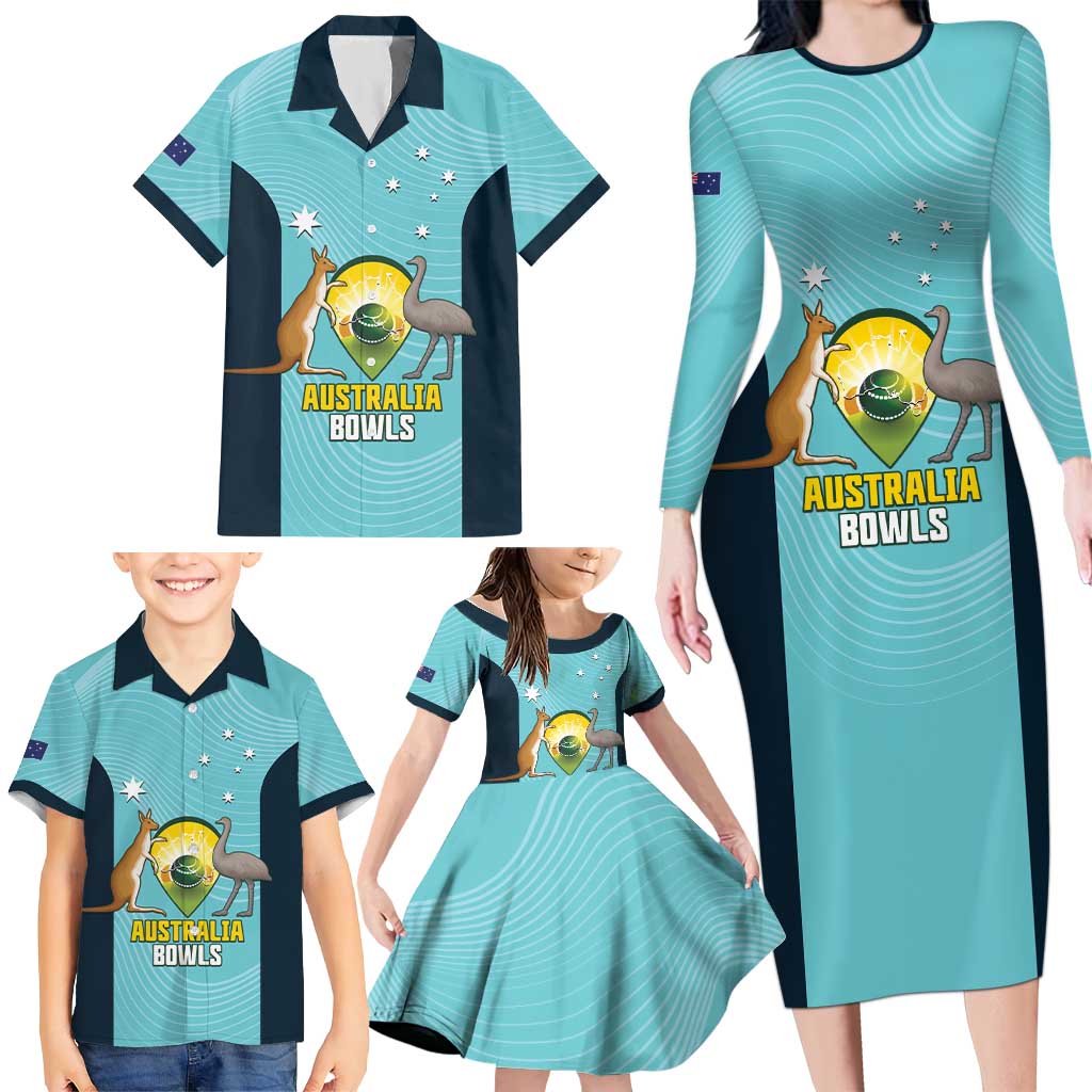Custom Bowls Australia Family Matching Long Sleeve Bodycon Dress and Hawaiian Shirt Teal Color Curve Sporty - Aussie Hoodie