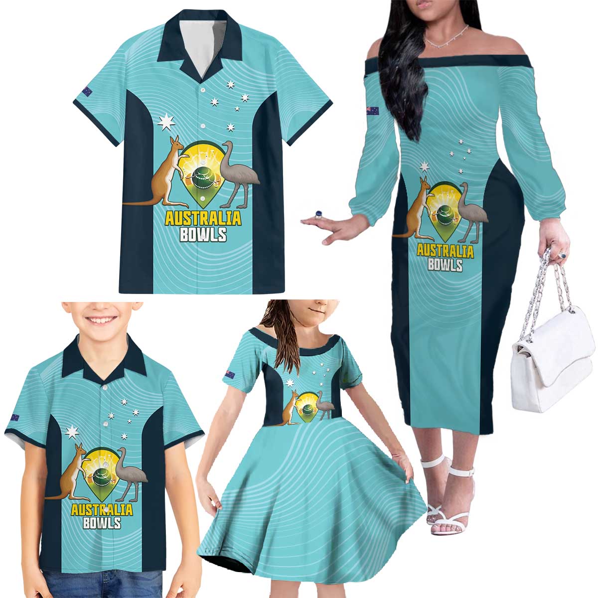 Custom Bowls Australia Family Matching Off The Shoulder Long Sleeve Dress and Hawaiian Shirt Teal Color Curve Sporty - Aussie Hoodie