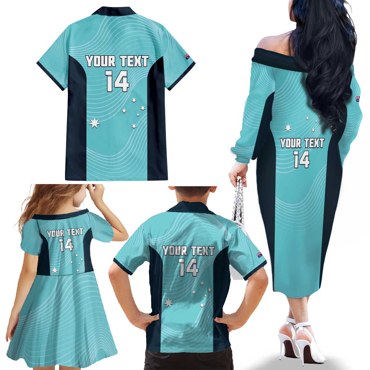 Custom Bowls Australia Family Matching Off The Shoulder Long Sleeve Dress and Hawaiian Shirt Teal Color Curve Sporty - Aussie Hoodie