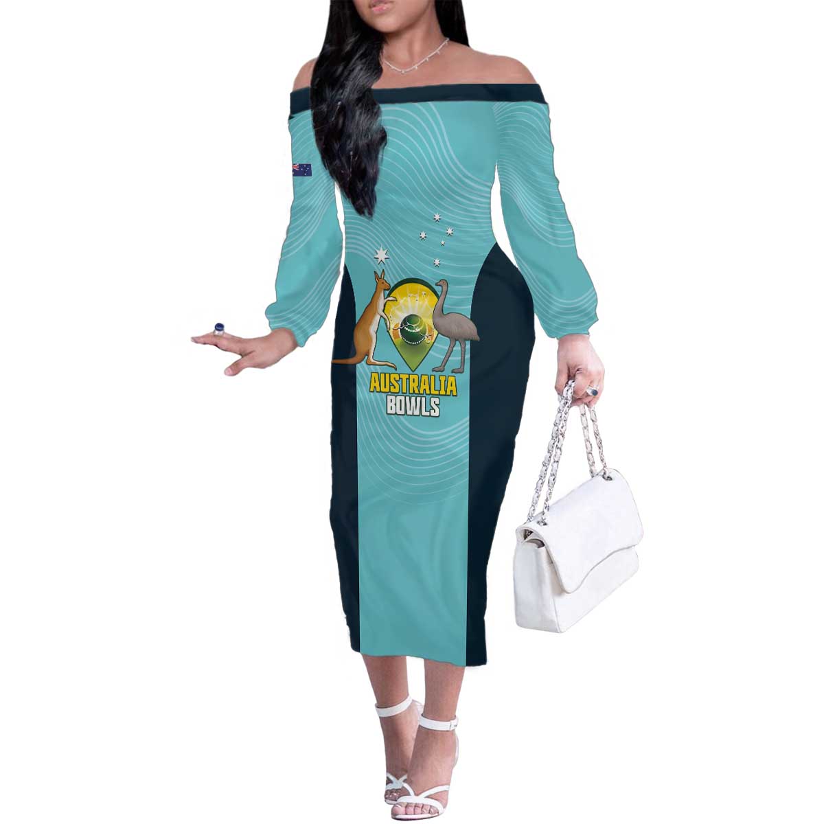 Custom Bowls Australia Family Matching Off The Shoulder Long Sleeve Dress and Hawaiian Shirt Teal Color Curve Sporty - Aussie Hoodie