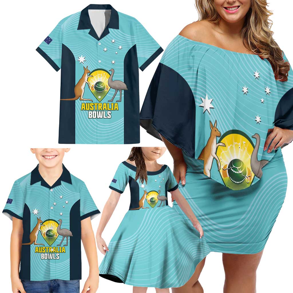 Custom Bowls Australia Family Matching Off Shoulder Short Dress and Hawaiian Shirt Teal Color Curve Sporty - Aussie Hoodie