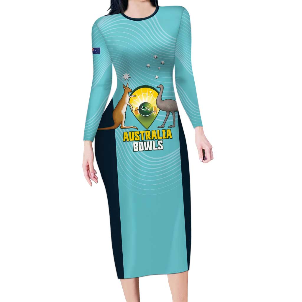 Custom Bowls Australia Long Sleeve Bodycon Dress Teal Color Curve Sporty - Aussie Hoodie