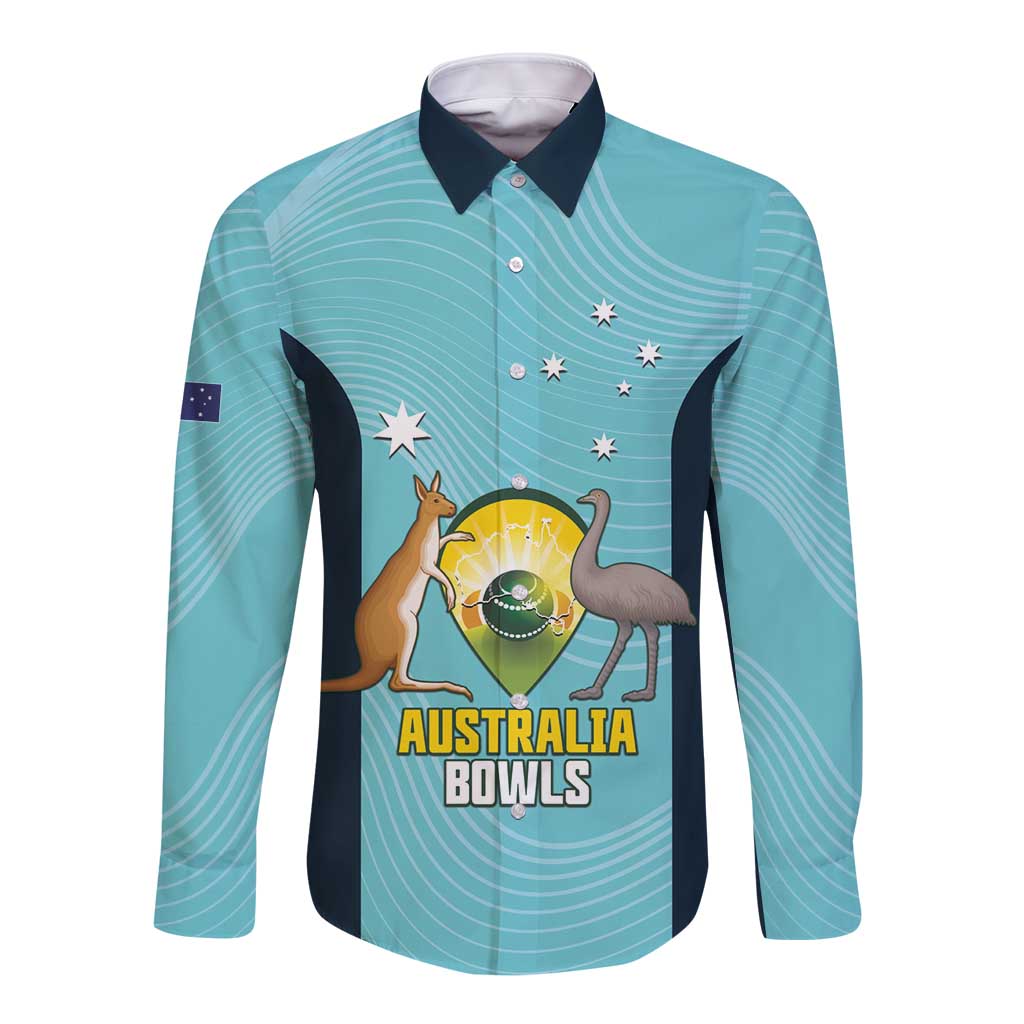 Custom Bowls Australia Long Sleeve Button Shirt Teal Color Curve Sporty - Aussie Hoodie