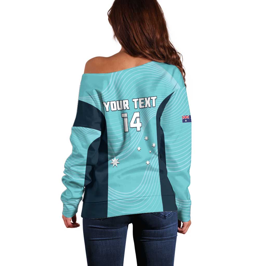 Custom Bowls Australia Off Shoulder Sweater Teal Color Curve Sporty - Aussie Hoodie
