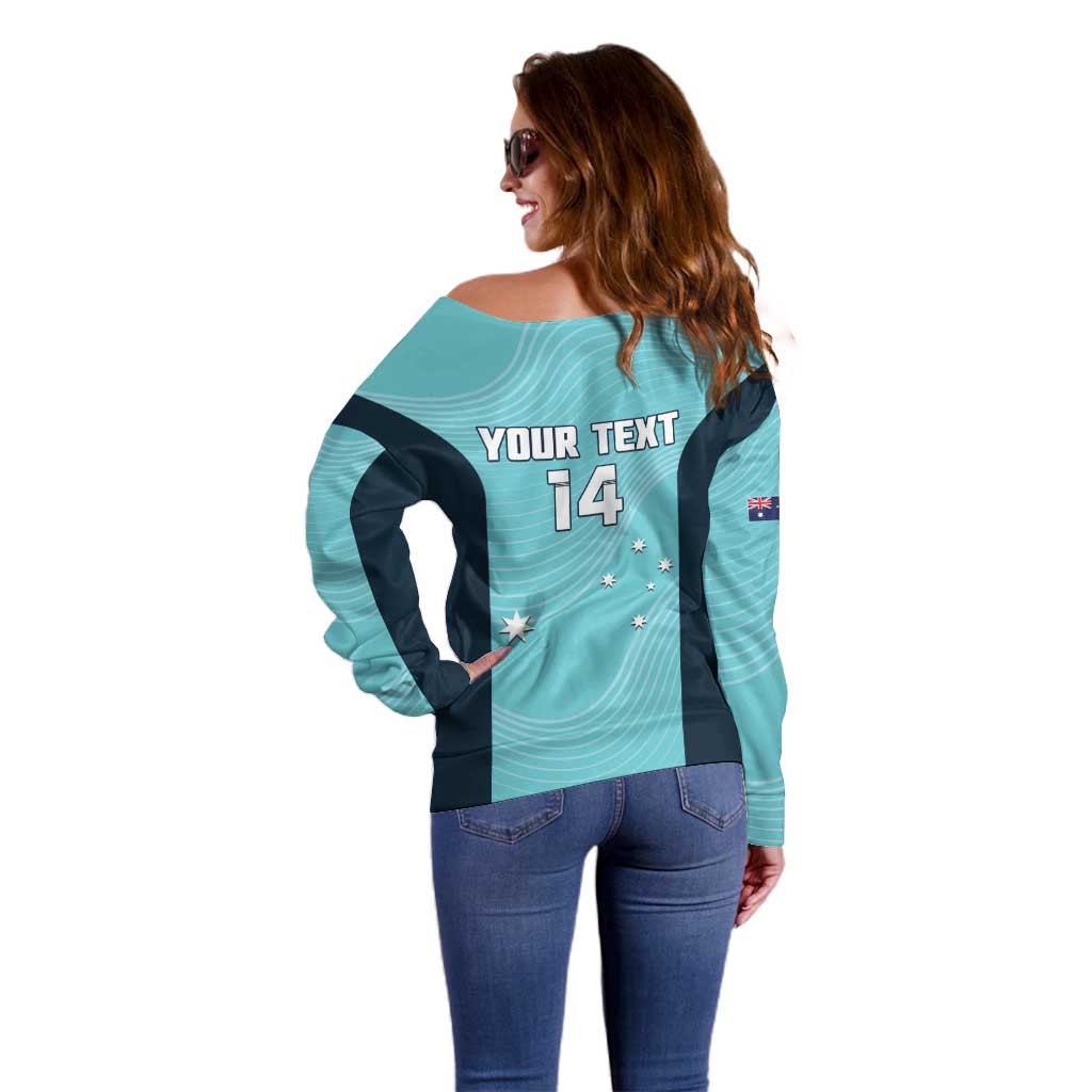 Custom Bowls Australia Off Shoulder Sweater Teal Color Curve Sporty - Aussie Hoodie