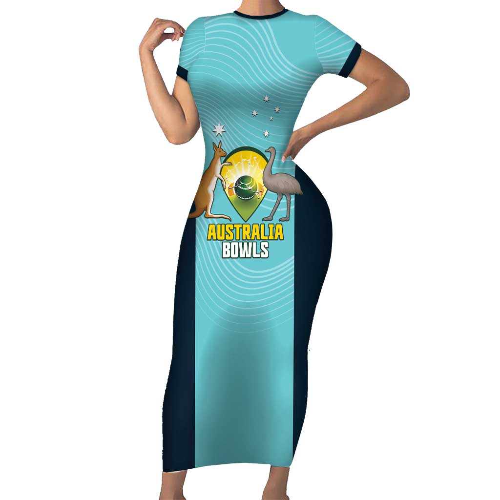 Custom Bowls Australia Short Sleeve Bodycon Dress Teal Color Curve Sporty - Aussie Hoodie
