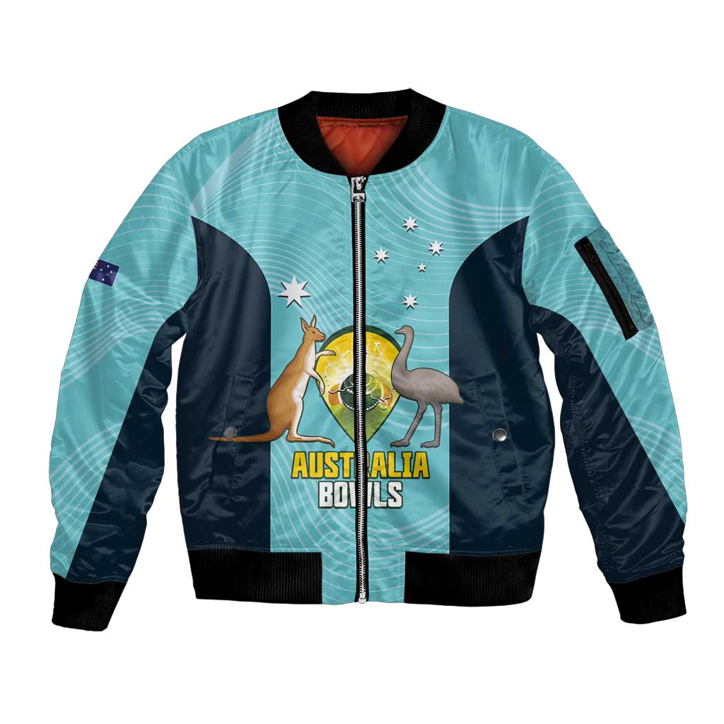 Custom Bowls Australia Sleeve Zip Bomber Jacket Teal Color Curve Sporty - Aussie Hoodie